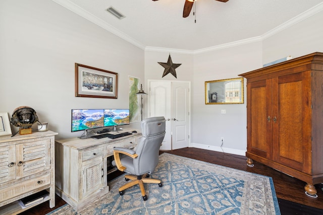 2009 Kildare Cir, Niceville, FL 32578 - office space with ceiling fan, crown molding, dark wood finished floors, and baseboards