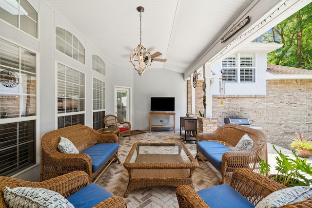 2009 Kildare Cir, Niceville, FL 32578 - sunroom / solarium with outdoor lounge area, a ceiling fan, a chandelier, and vaulted ceiling
