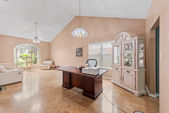 859 Mande Ct, Shalimar, FL 32579 - office with a chandelier, high vaulted ceiling, ceiling fan, and baseboards