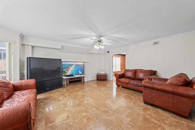 859 Mande Ct, Shalimar, FL 32579 - living room with a ceiling fan, crown molding, and a textured ceiling