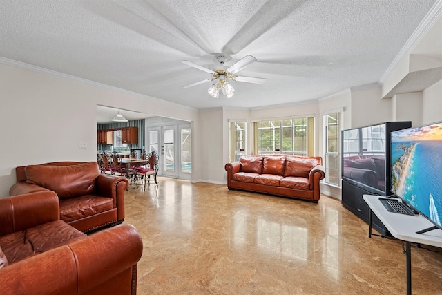859 Mande Ct, Shalimar, FL 32579 - living area with crown molding, a textured ceiling, ceiling fan, and baseboards