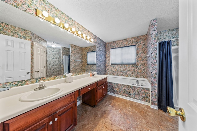 859 Mande Ct, Shalimar, FL 32579 - bathroom featuring a garden tub, a shower with curtain, double vanity, a textured ceiling, and baseboards