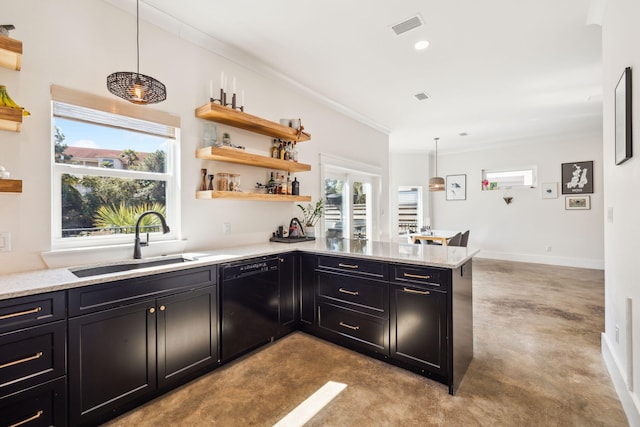 kitchen with black dishwasher, a sink, finished concrete floors, open shelves, and a peninsula