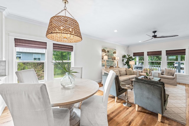 196 Summer Breeze Ln, Santa Rosa Beach, FL 32459 - dining area featuring ornamental molding, ceiling fan, light wood-style floors, and recessed lighting