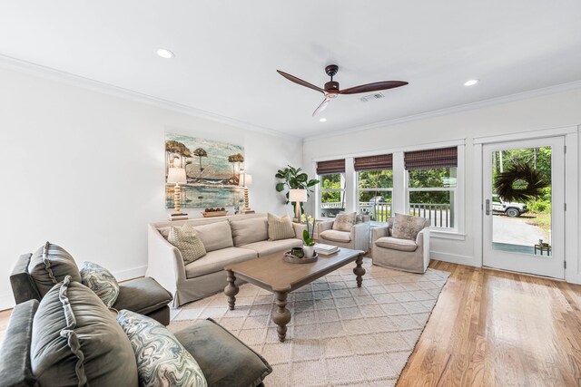196 Summer Breeze Ln, Santa Rosa Beach, FL 32459 - living area featuring ceiling fan, ornamental molding, wood finished floors, and recessed lighting