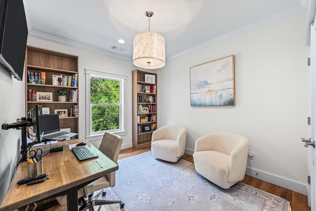 196 Summer Breeze Ln, Santa Rosa Beach, FL 32459 - home office with baseboards, wood finished floors, ornamental molding, and recessed lighting