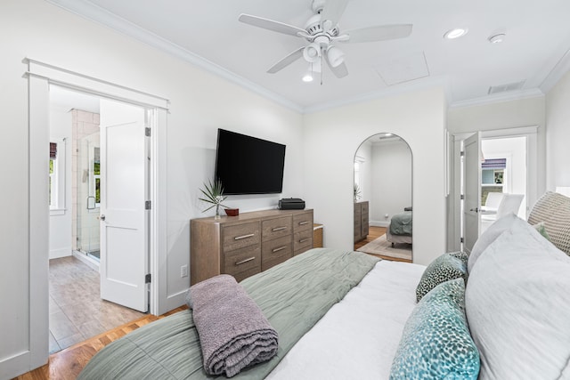 196 Summer Breeze Ln, Santa Rosa Beach, FL 32459 - bedroom featuring attic access, crown molding, multiple windows, light wood-type flooring, and a ceiling fan