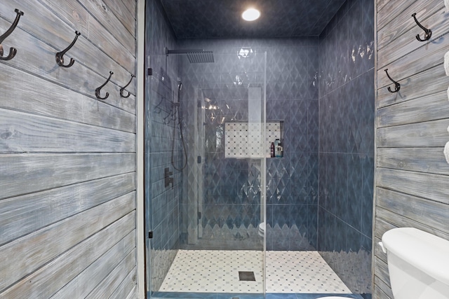 bathroom with a stall shower and toilet