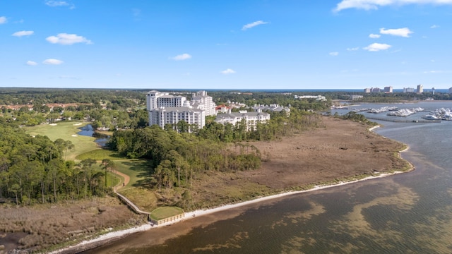 bird's eye view of a nearby body of water and apartment complex