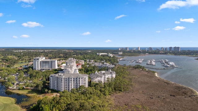 bird's eye view of a large body of water and apartment complex