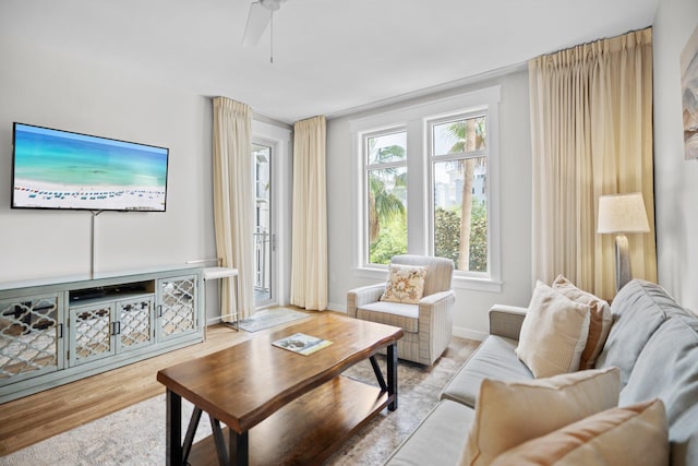living area with wood finished floors, a ceiling fan, and baseboards