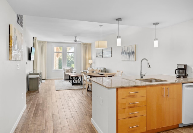 kitchen with dishwasher, a sink, light wood-style floors, and light stone countertops