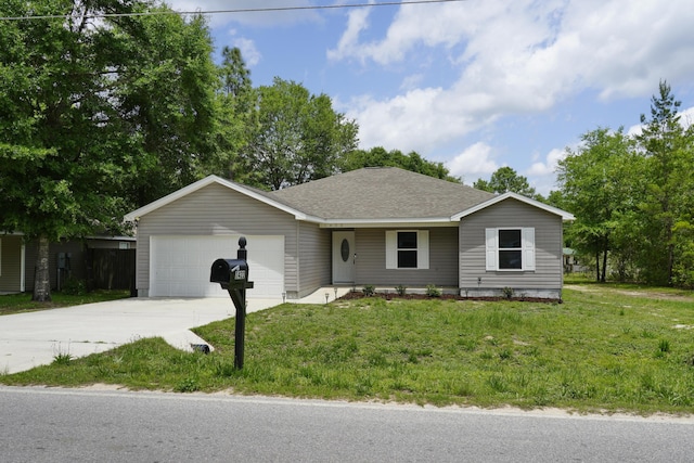 1422 Oakwood Lakes Blvd, Defuniak Springs, FL 32433 - ranch-style house with a garage, driveway, a front lawn, and roof with shingles