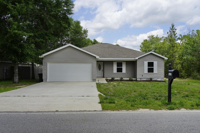1422 Oakwood Lakes Blvd, Defuniak Springs, FL 32433 - ranch-style home with an attached garage, driveway, a front lawn, and a shingled roof
