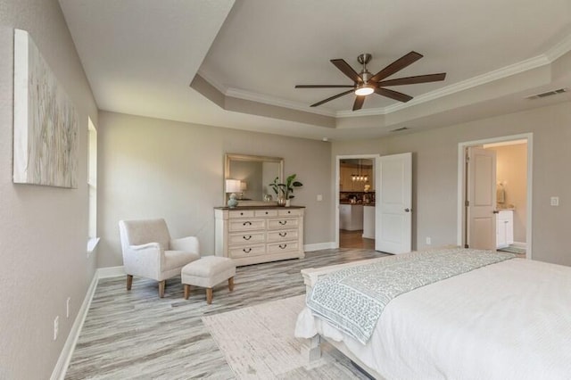 6216 Plum Orchard Way, Crestview, FL 32536 - bedroom featuring a raised ceiling, light wood-style floors, crown molding, baseboards, and ceiling fan