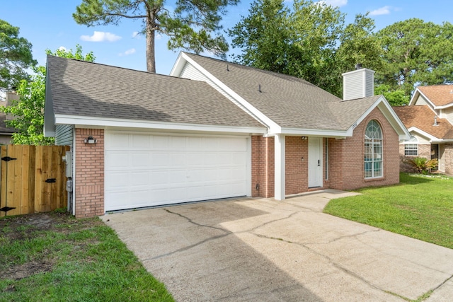 1725 Colonial Ct, Fort Walton Beach, FL 32547 - ranch-style house featuring brick siding, a chimney, driveway, a garage, and roof with shingles