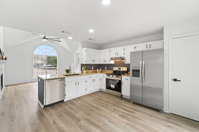 1725 Colonial Ct, Fort Walton Beach, FL 32547 - kitchen featuring appliances with stainless steel finishes, under cabinet range hood, a sink, ceiling fan, and white cabinetry