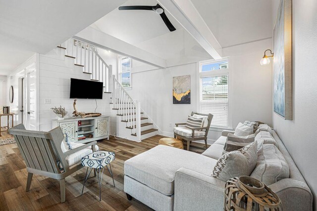 65 Brown St, Santa Rosa Beach, FL 32459 - living room with stairway, healthy amount of natural light, wood finished floors, and ceiling fan