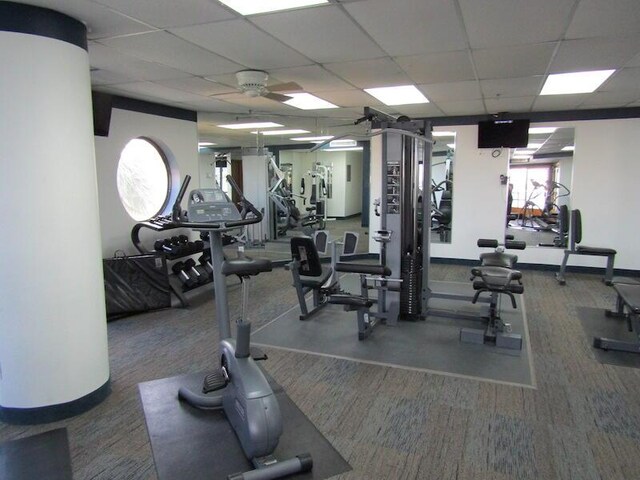 1096 Scenic Gulf Dr Ph 1610, Miramar Beach, FL 32550 - exercise room with ceiling fan, carpet flooring, a paneled ceiling, and baseboards