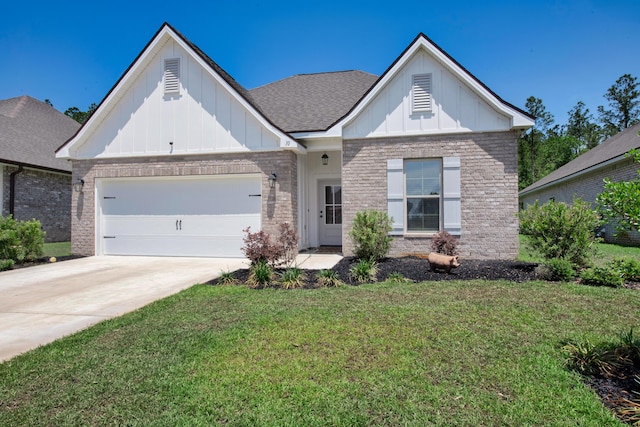 view of front of home featuring board and batten siding, brick siding, and a garage