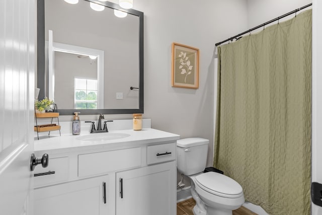 full bath featuring toilet, vanity, and a shower with curtain