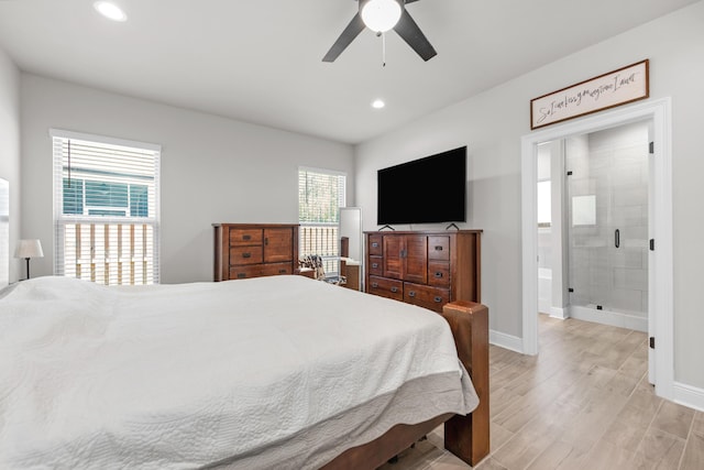 bedroom with baseboards, light wood-style flooring, recessed lighting, a ceiling fan, and connected bathroom