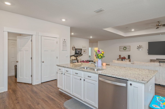 1126 Valor Walk, Crestview, FL 32539 - kitchen with dishwasher, a sink, open floor plan, dark wood-style floors, and white cabinets
