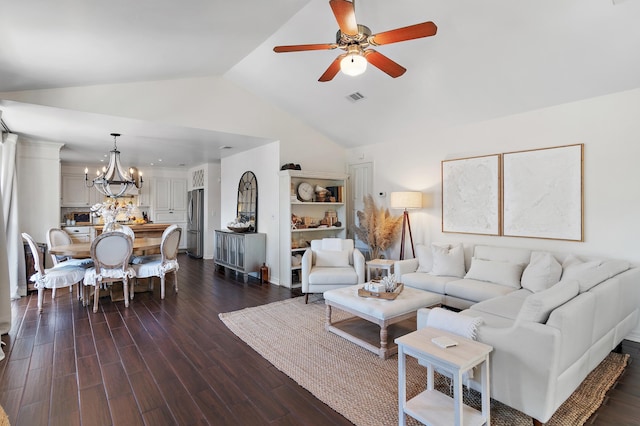 4485 Luke Ave Unit B, Destin, FL 32541 - living room featuring a chandelier, a ceiling fan, vaulted ceiling, and dark wood finished floors