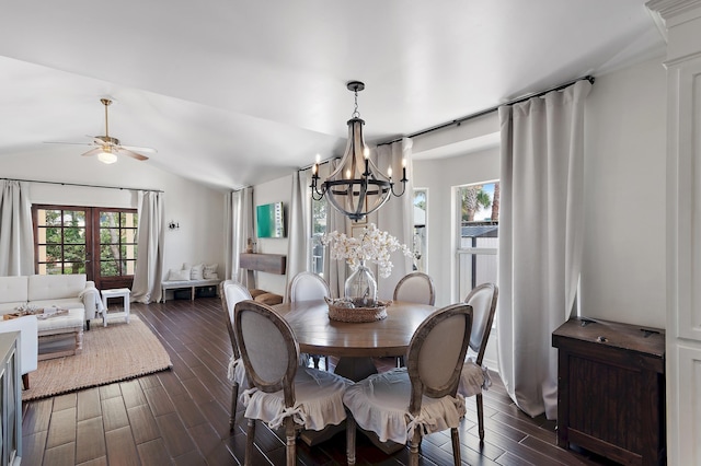 4485 Luke Ave Unit B, Destin, FL 32541 - dining area featuring a chandelier, dark wood-style floors, lofted ceiling, and a ceiling fan