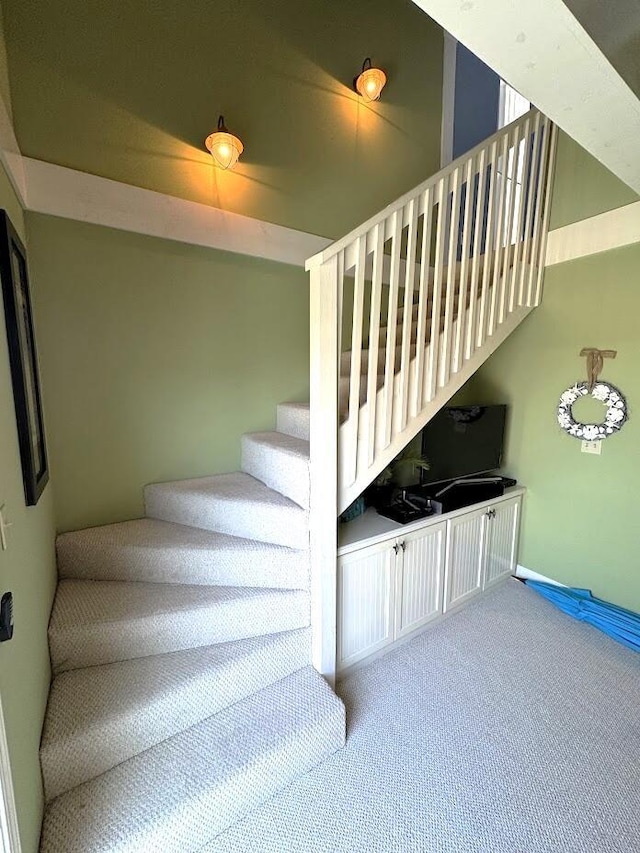 stairway featuring carpet floors