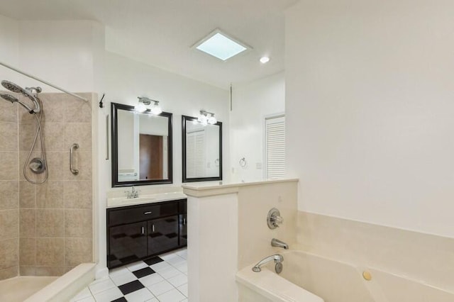 84 12th St, Shalimar, FL 32579 - full bathroom with a bath, vanity, a tile shower, tile patterned flooring, and recessed lighting