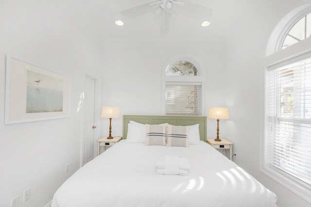bedroom with crown molding, ceiling fan, and recessed lighting