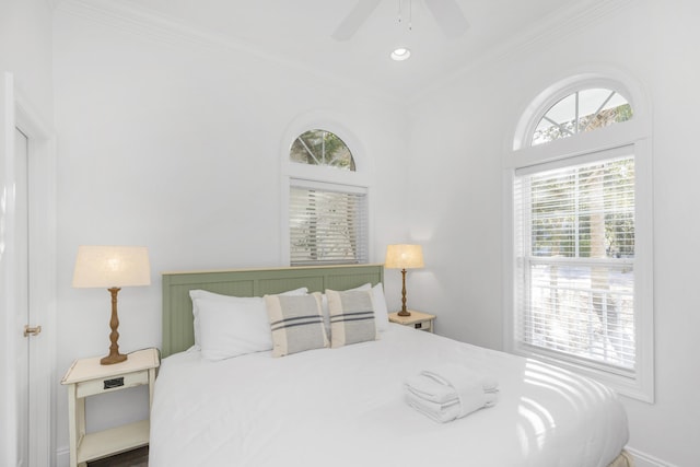 bedroom with ornamental molding, recessed lighting, and a ceiling fan