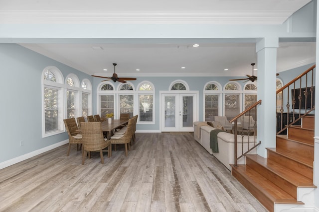 dining room featuring ceiling fan, french doors, stairs, baseboards, and recessed lighting