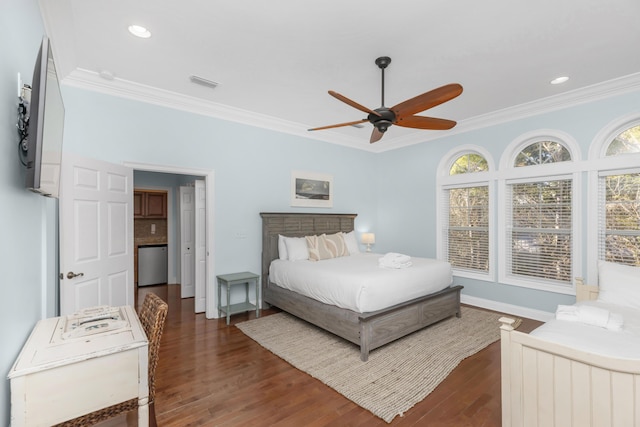 bedroom featuring crown molding, dark wood-type flooring, baseboards, recessed lighting, and a ceiling fan
