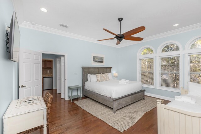 55 The Greenway Loop, Inlet Beach, FL 32461 - bedroom featuring crown molding, dark wood-type flooring, baseboards, recessed lighting, and a ceiling fan