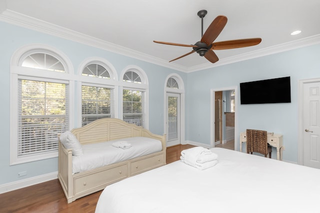 bedroom featuring ornamental molding, baseboards, access to exterior, wood finished floors, and a ceiling fan