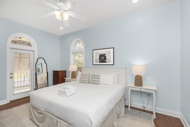 bedroom with access to exterior, wood finished floors, baseboards, recessed lighting, and ceiling fan
