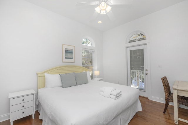 bedroom with wood finished floors, baseboards, a ceiling fan, and recessed lighting