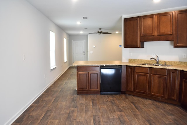 575 Earl Godwin Rd, Freeport, FL 32439 - kitchen featuring a sink, dishwasher, a peninsula, a ceiling fan, and dark wood-type flooring
