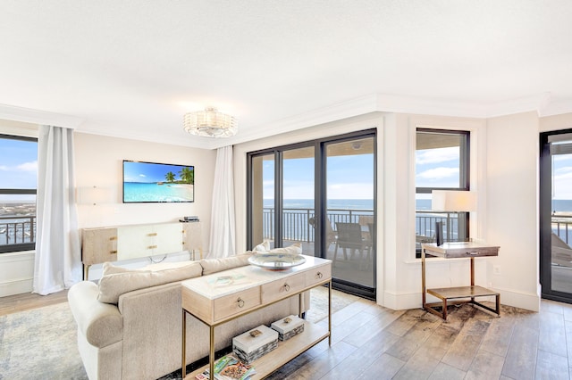 living room with light wood-style floors, plenty of natural light, and crown molding