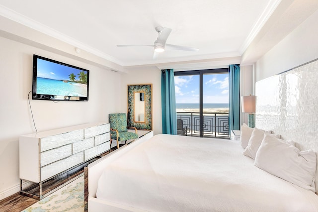 bedroom featuring crown molding, access to outside, ceiling fan, and wood finished floors