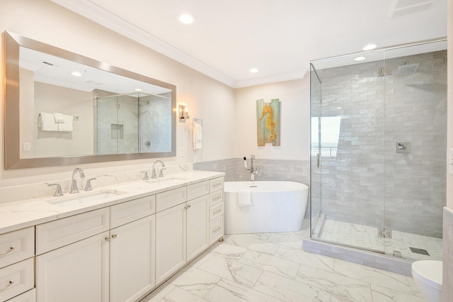 full bathroom featuring crown molding, a stall shower, marble look tile flooring, double vanity, and a soaking tub