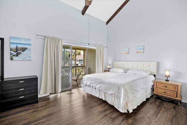 25 Misty Cv Unit 118, Miramar Beach, FL 32550 - bedroom featuring high vaulted ceiling, access to outside, beamed ceiling, wood finished floors, and a ceiling fan