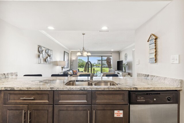 520 N Richard Jackson Blvd Unit 1510, Panama City Beach, FL 32407 - kitchen featuring dishwasher, a sink, dark brown cabinets, open floor plan, and ornamental molding