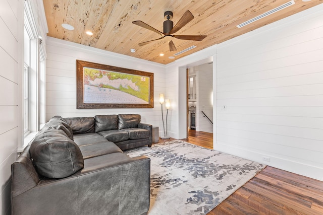 living area with wood ceiling, a ceiling fan, wood walls, wood finished floors, and recessed lighting