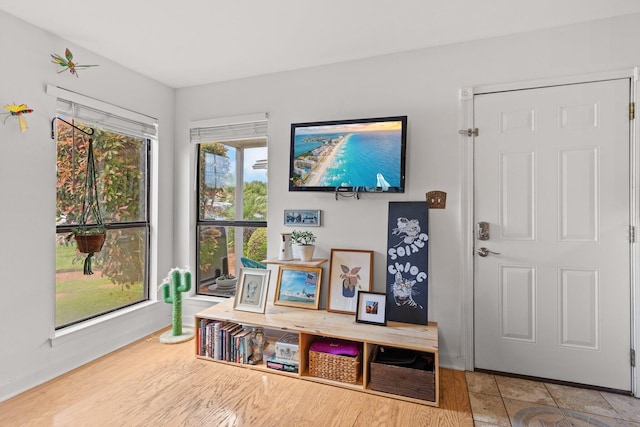 entryway with baseboards and wood finished floors