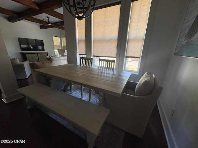 5303 Hopetown Ln, Panama City Beach, FL 32408 - dining room featuring coffered ceiling, baseboards, beam ceiling, a ceiling fan, and wood finished floors
