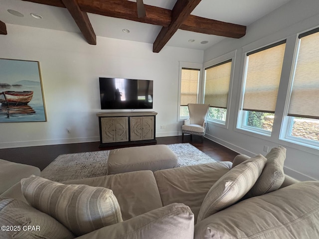 5303 Hopetown Ln, Panama City Beach, FL 32408 - living room featuring coffered ceiling, baseboards, beamed ceiling, recessed lighting, and wood finished floors