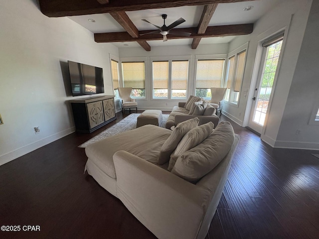 5303 Hopetown Ln, Panama City Beach, FL 32408 - living room with baseboards, coffered ceiling, ceiling fan, dark wood-type flooring, and beam ceiling